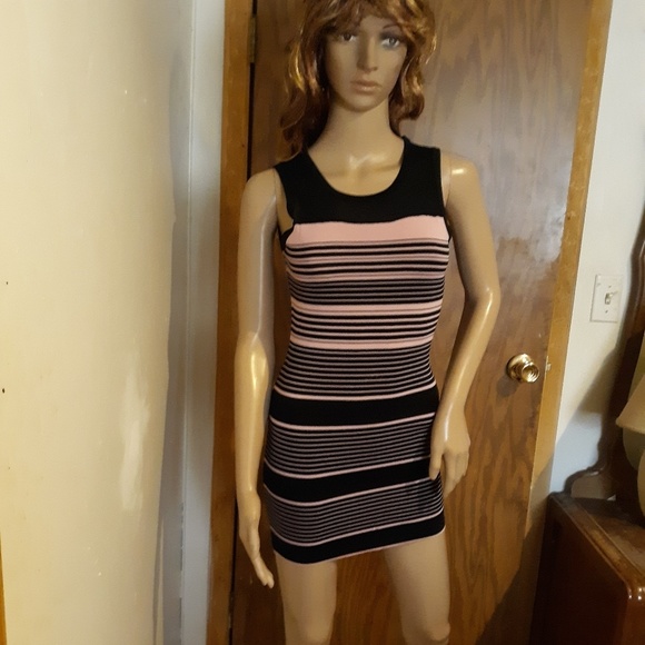 NWOT! Form Fitting Dress Sheer Black Pink Stripes - Picture 2 of 8